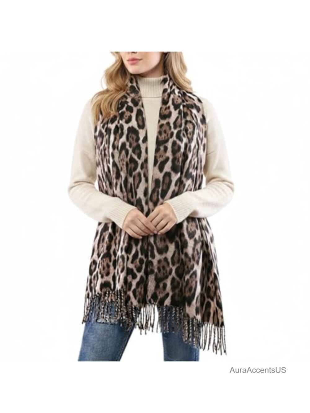 Women's Soft Plush Winter Scarf Shawl Wrap with Tassels Leopard Print